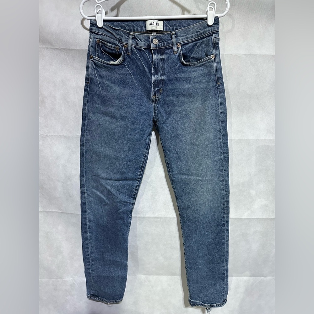 AGOLDE Toni Mid Rise Straight Leg Jeans in Stratosphere Fray Hem Size 27 Organic